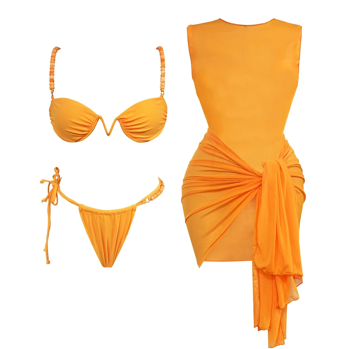 3 Stücke Perlen Bikini Mit Mesh Cover Up 2025 Bandeau Biquini Frauen Sexy Badeanzug Push Up Bademode Weiblichen Badeanzug Bademode