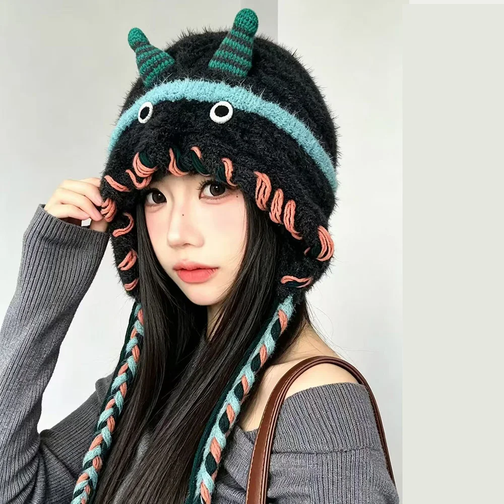 Comfortable Cartoon Plush Knitted Hat Kawaii Funny Beanies Muffler Cartoon Ear Protection Hat for Women Girls Christmas Gift