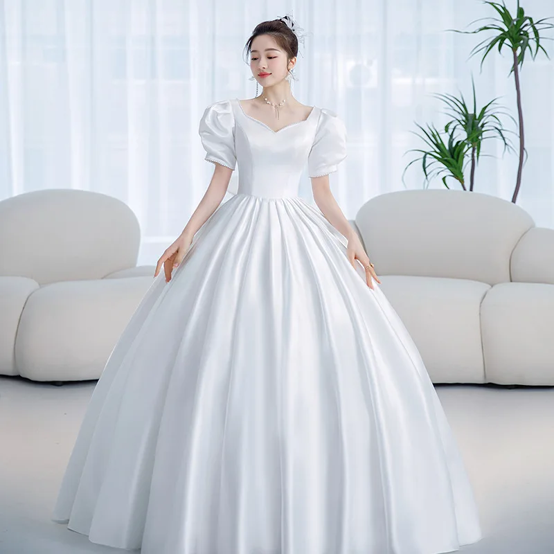 Vintage Princess Wedding Dress Satin Simple Wedding Gown Shining Beading Slim Bridal Dress Plus Size Robe De Mariee Customized