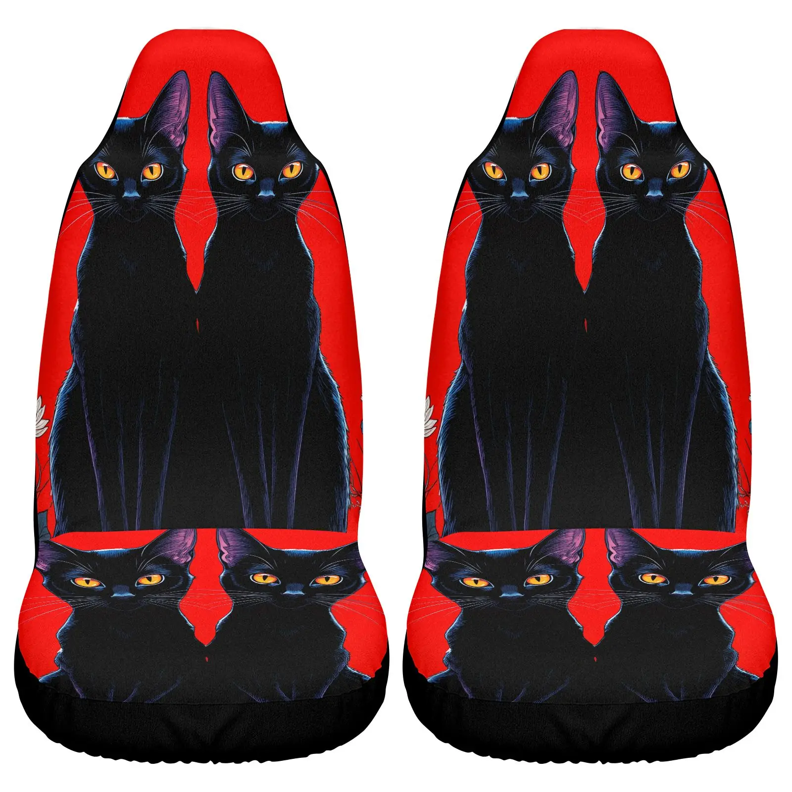 Car Seat Covers Black Red With Black Cat Pattern | Non- Polyester Fabric, Universal Fit For Car Interior Decoration