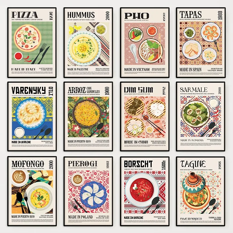 Modern Delicious Food Poster World Cuisine Pizza Ramen Arroz Canvas Painting Wall Art Picture for Kitchen Room Home Decor Mural