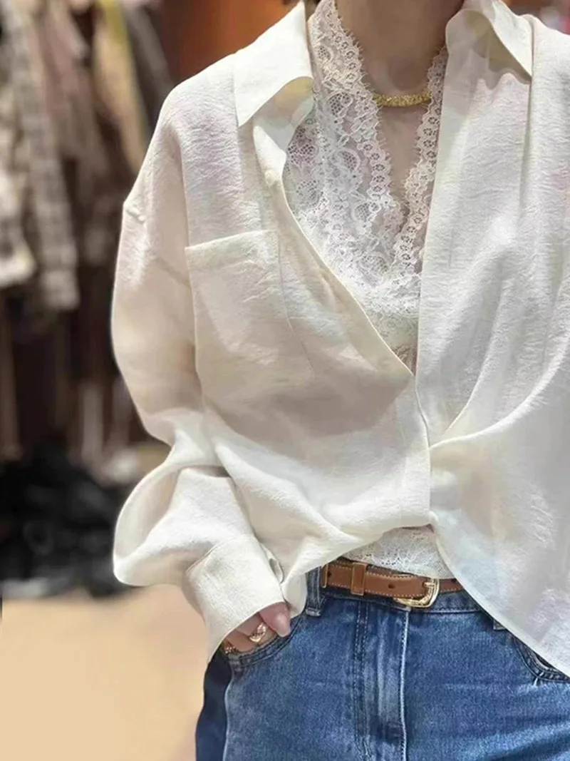 Francuski styl Elegancka dwuczęściowa koszula damska Wiosna Nowa koronkowa kamizelka z dekoltem w szpic Kołnierzyk z długim rękawem Kieszenie Koszule Temperament