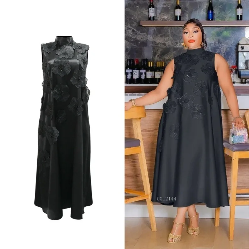 

Elegant Women Sleeveless Loose 3D Flower O-neck Dress 2026 Summer Bodycon African Street Midi Maxi Long Dresses Vestidos