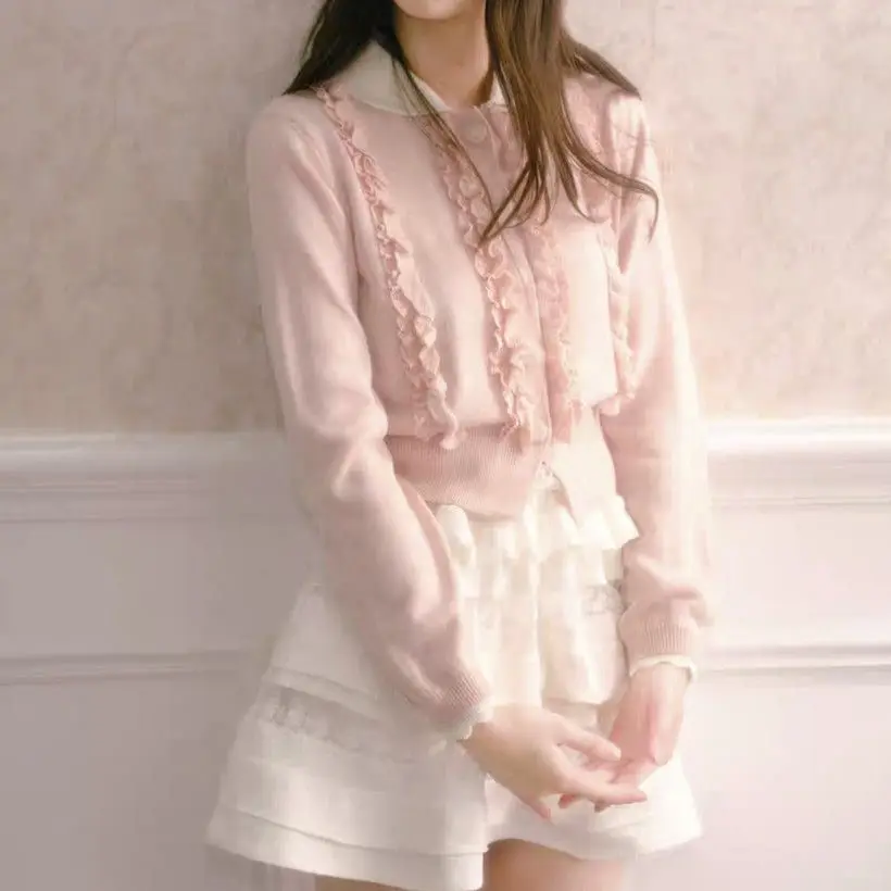 

Японский розовый кукольный воротник, кружевной вязаный кардиган с длинными рукавами, женское осеннее пальто, новый милый возрастной короткий топ