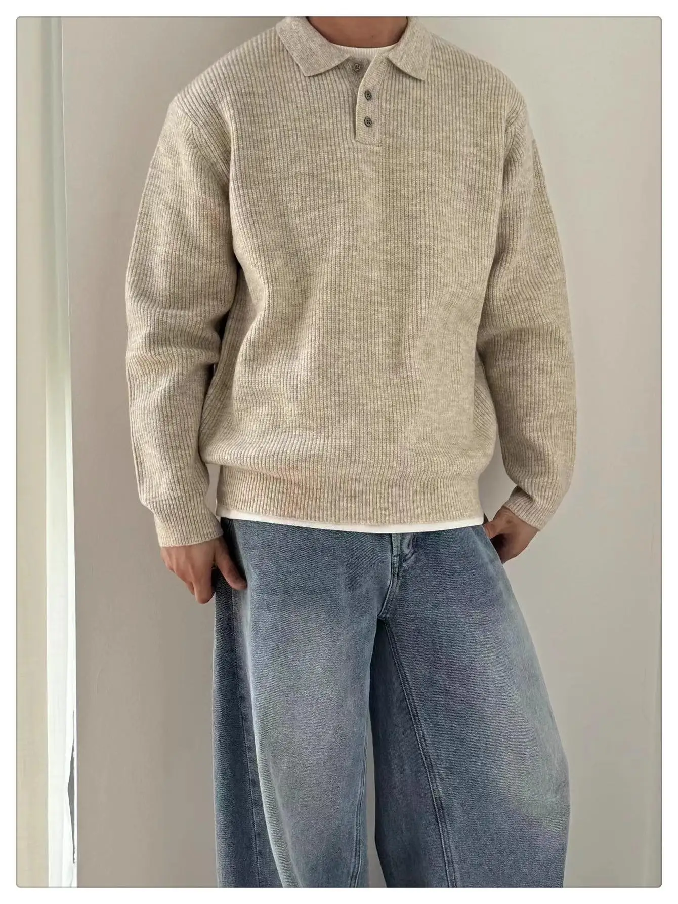 

Свободная вязаная рубашка с длинным рукавом для мужчин, однотонная, повседневная, простая, в корейском стиле, осенняя новинка