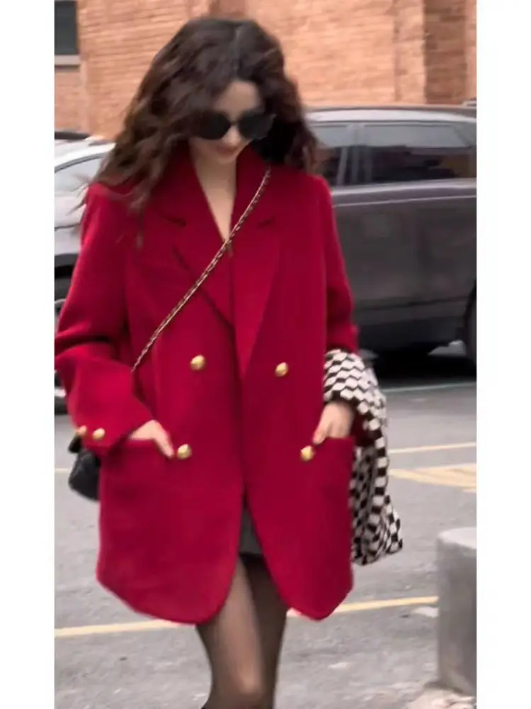 Christmas and New Year Battle Robe 2022 Autumn and Winter New Rich Heiress Mid-length Thickened Red Woolen Suit Coat for Women