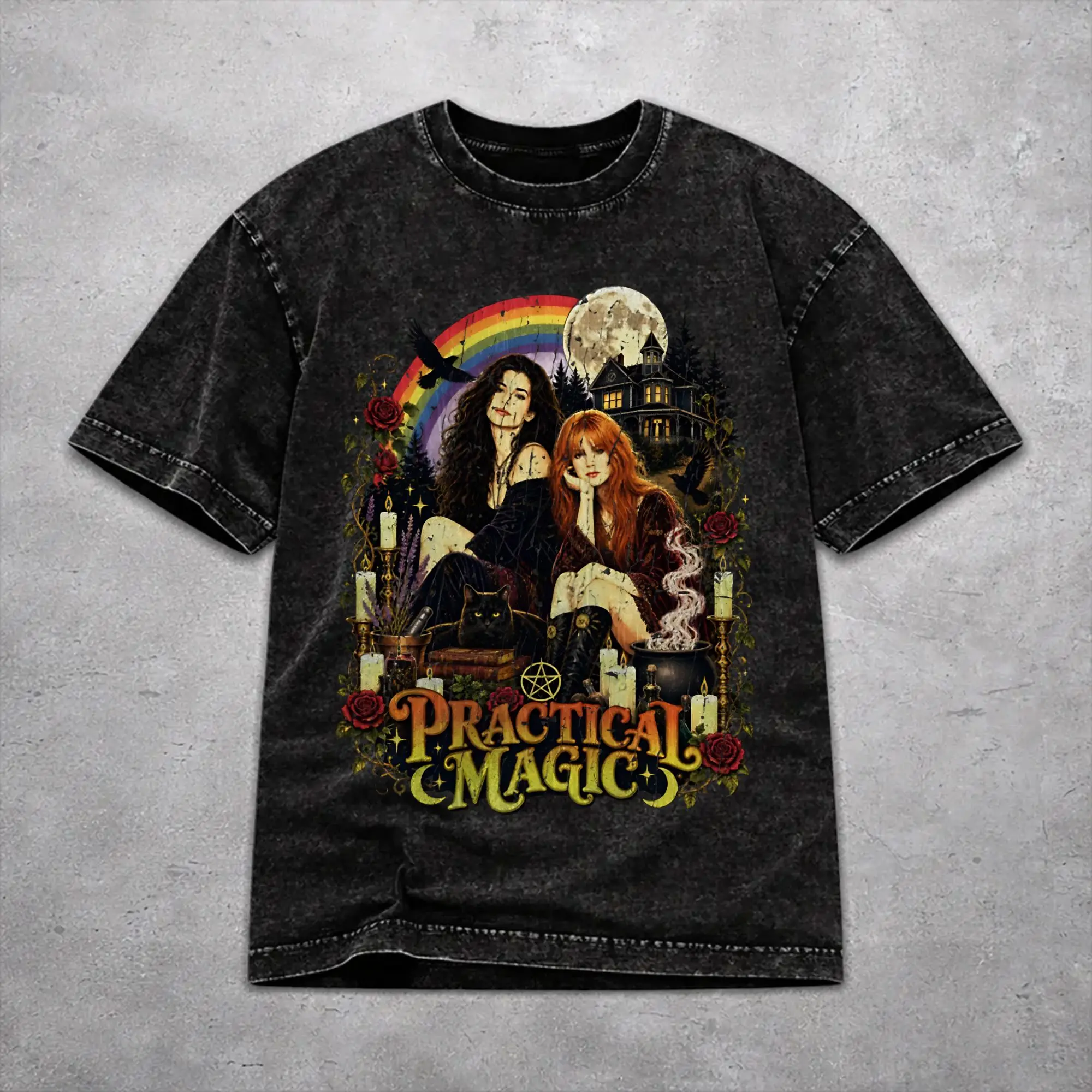 Men Women Harajuku Washed T-shirts Practical Magic Witchcraft Gothic Halloween Witches Pentagram Print Shirt Merch Street  Tees
