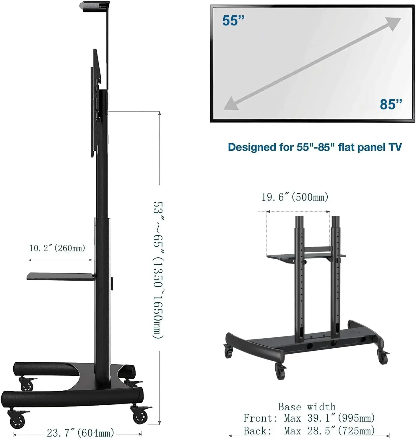 Bayou Mobile TV รถเข็นทีวีพร้อมล้อสําหรับ 55 " - 85" นิ้ว LCD LED OLED Plasma Flat Panel หน้าจอสูงสุด 200lbs AVA1800-70-1P