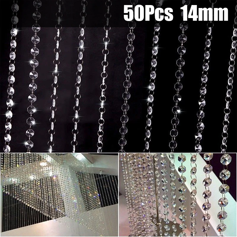14mm 50Pcs Artificial For Crystal Octagon Beads Droplets Chandelier Pendants Bead Chain String For Wedding Party Christmas Decor