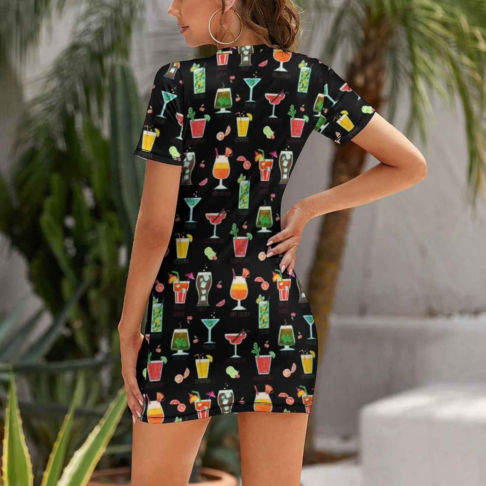 Happy hour..s cocktail illustration pattern Short Sleeved Dress Woman dresses Clothing female