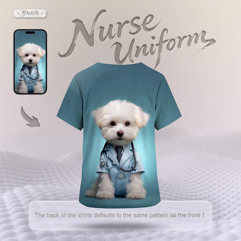 Customized Summer Nurse Uniform Fast Dry Short Sleeve Tops Loose Daily Workwear For Men and Women Vintage Personalized Pullover view 3