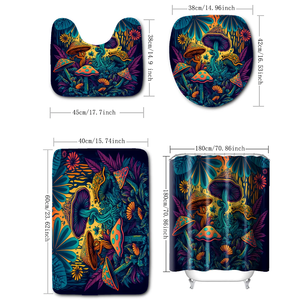 4-piece set of daisy and yellow mushroom printed waterproof shower curtains with 12 hooks and bathroom floor mats