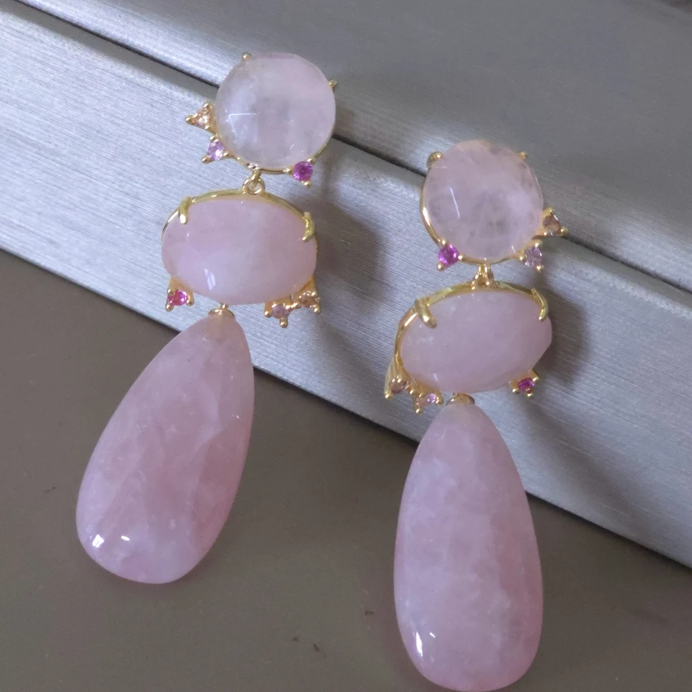 KQDANCE White Pearl Pink Rose Quartz Stone Colored Long Earrings With 925 Silver Needle Gold Plated Tear Drop Jewelry Gifts