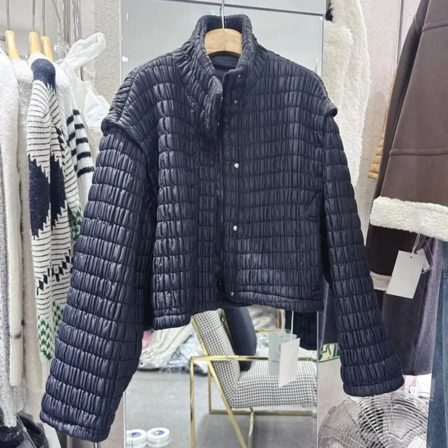 Winter New Fashion Design Pleated Stand Collar Padded Jacket Women Casual Cotton Coat Female Outerwear Y4606