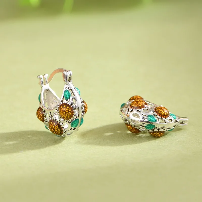 S925 Sterling Silver Clip Earring for Women Hollow Sunflowers Pattern C-shaped Ear-clips Enamel Fashion Jewelry Wholesale