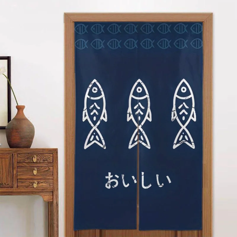 VIKAMA Japanese-Style Fish Illustration Door Curtain, Kitchen Izakaya Privacy Curtain, Home Decor Half Door Curtain
