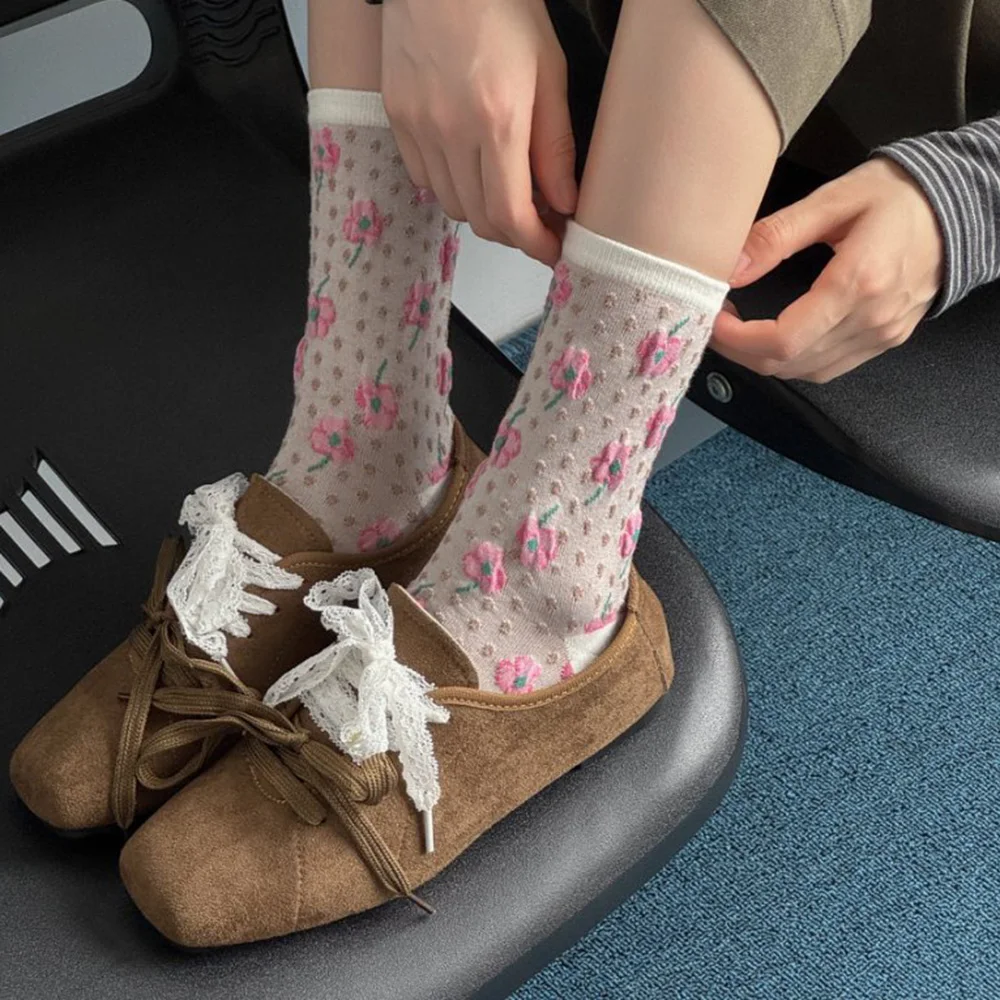 5 Pairs Fashion New Middle Tube Socks Women's Cute Floral Printed Autumn Winter Long Street Style Soft Comfortable Woman Socks