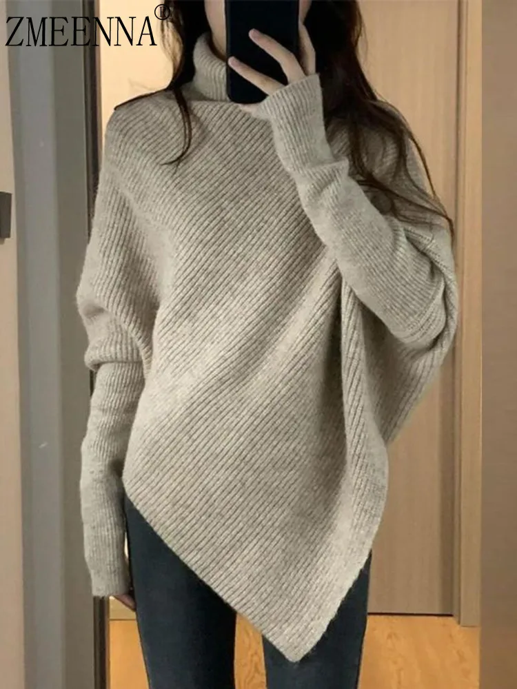 

ZMEENNA женский свитер с высоким воротником и асимметричным подолом с длинными рукавами, свободный крой, однотонный пуловер ZM3851