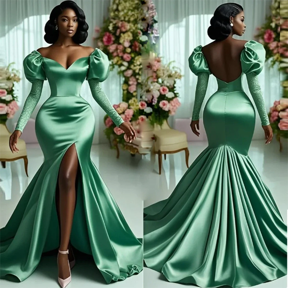 Moda verde cetim sereia vestido de baile sexy alta divisão aso ebi sem costas swep trem formal vestido de festa vestidos de noite inchado sh