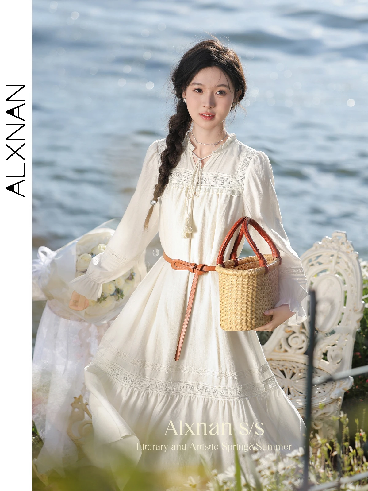 

ALXNAN Elegant Midi Dresses Women 2024 Autumn Long Sleeve A-line Ruffled Collar Fashion Woman Dress with Leather Belt L33601