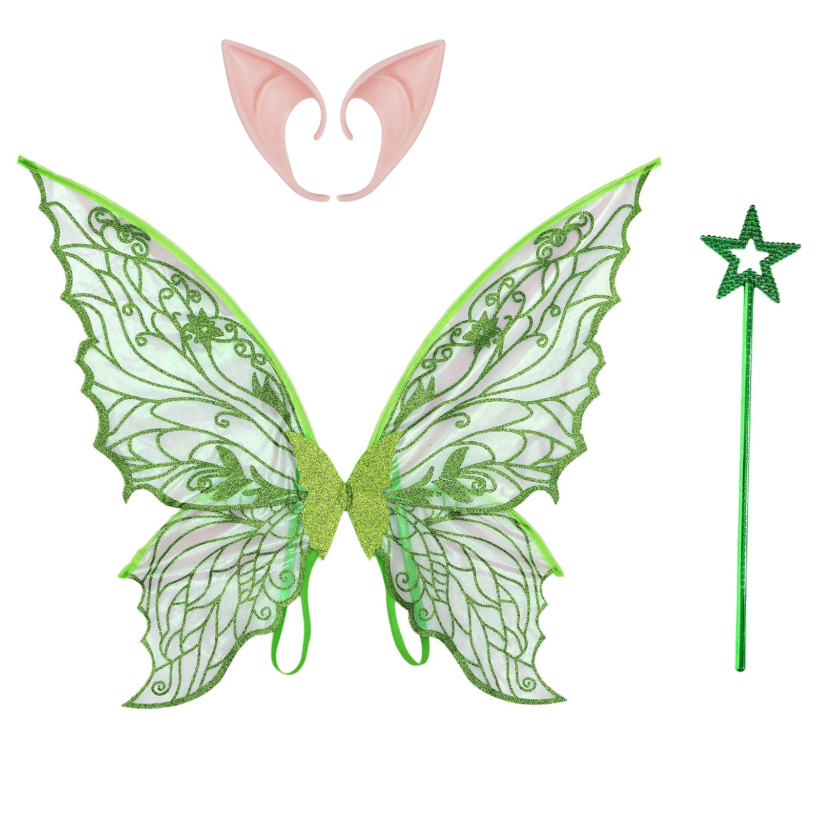

Elf Costume Accessories Set - Womens Sheer Fairy Wings with Realistic Ears & Star Wand for Halloween Cosplay Masquerade Ball