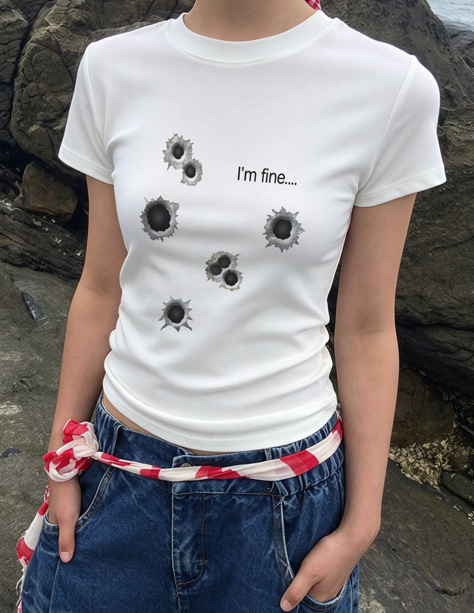 Y2K Grunge Illusion Hole Print Baby Tee Women Short Sleeve Slim Fit T Shirt I'm Fine Text Aesthetic Gothic Streetwear Camisole
