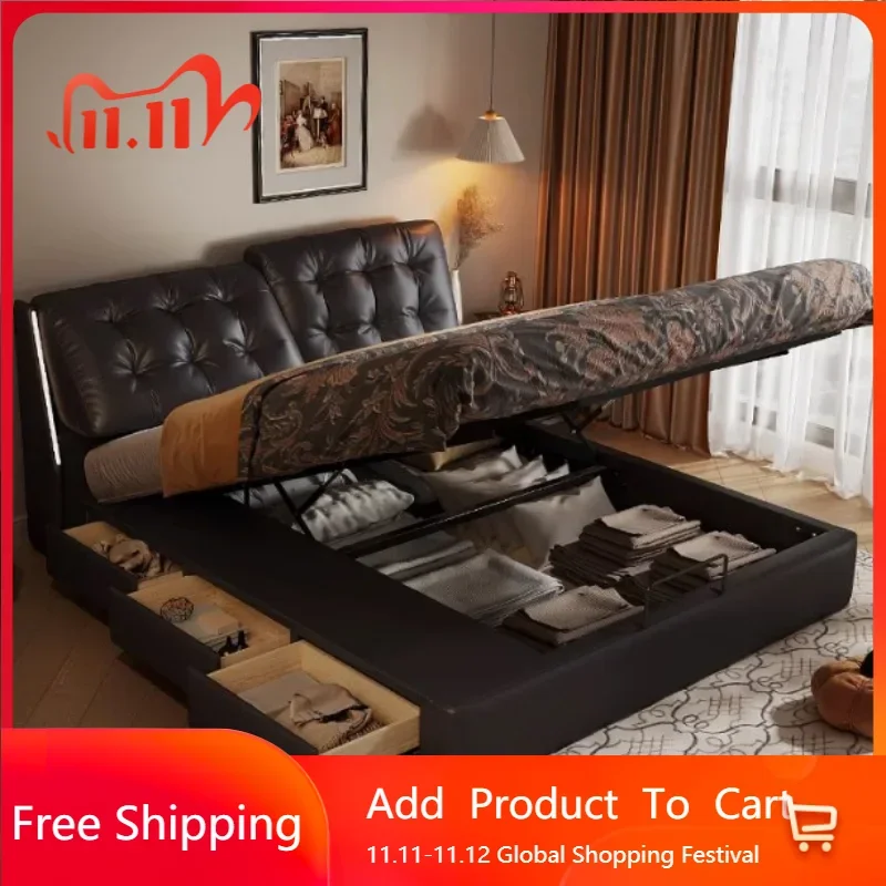 

Double Modern King Size Bed Frame Storage Black Italian Double Bed Luxury Villa Unique Cama Infantil Chinese Style Furniture