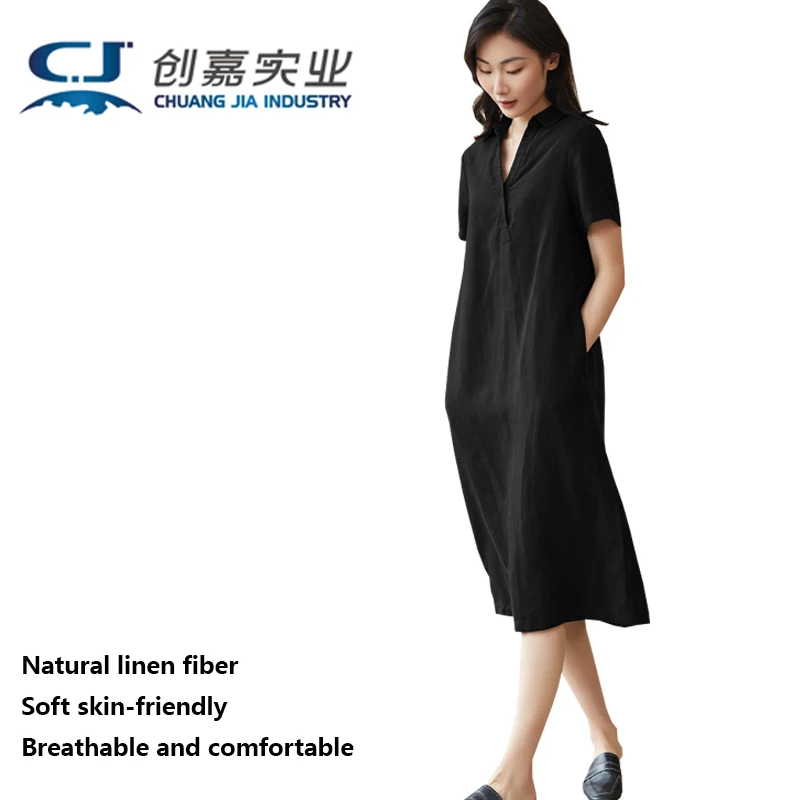 

High-end Linen Women's Short-sleeved Dress Black Simple Mid-length Dress Outdoor Casual Party Comfortable Sweat Wicks Clothing