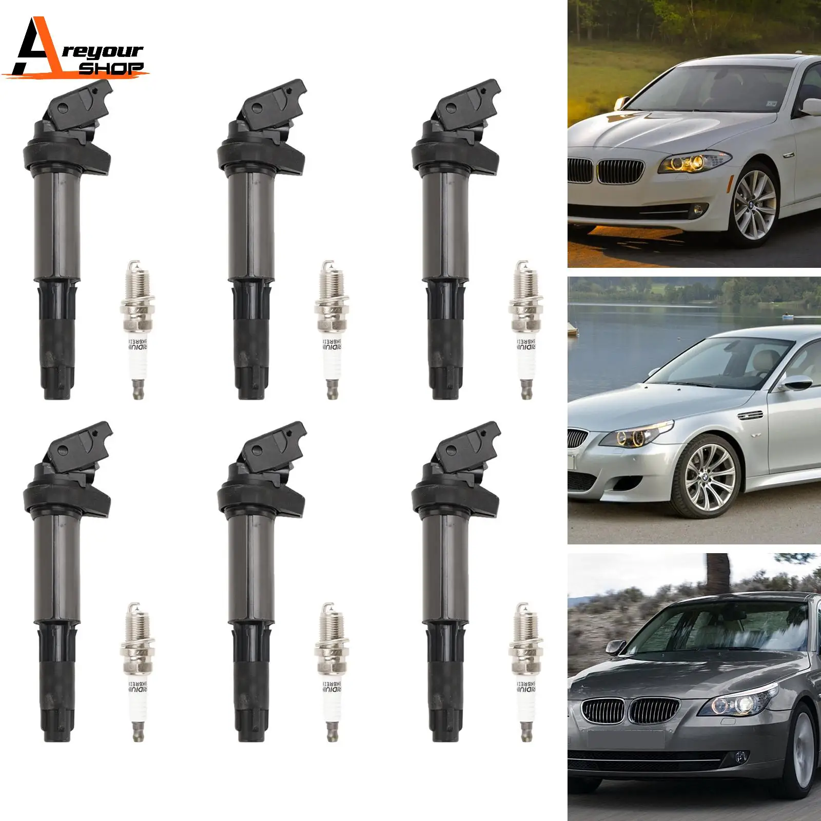 Areyourshop 6x Ignition Coil+Spark Plug UF515 UF522 for BMW 325 335 525 530i X5 Z4 2.5L 3.0L