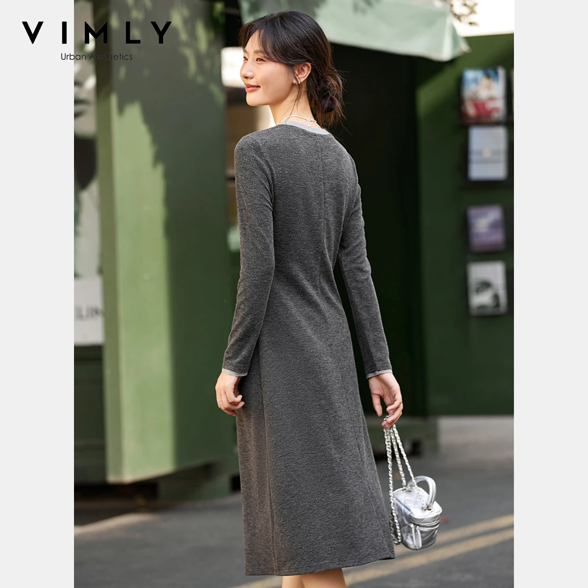 VIMLY Women's Grey Dresses Autumn 2025 Elegant Contrast Color O-neck Ladies Dress Casual Long Knitted Slim Female Dresses A2793 - Image 4