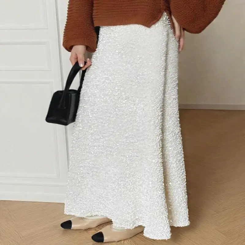 กระโปรงกำมะหยี่ปักเลื่อมผู้หญิง ฤดูใบไม้ร่วง ฤดูหนาว ใหม่ เอวสูง ทรงเอ ทรงเมอร์เมด กระโปรงทรงบอดี้คอน ความยาวปานกลาง สำหรับงานปาร์ตี้ งานราตรี สวยสง่า