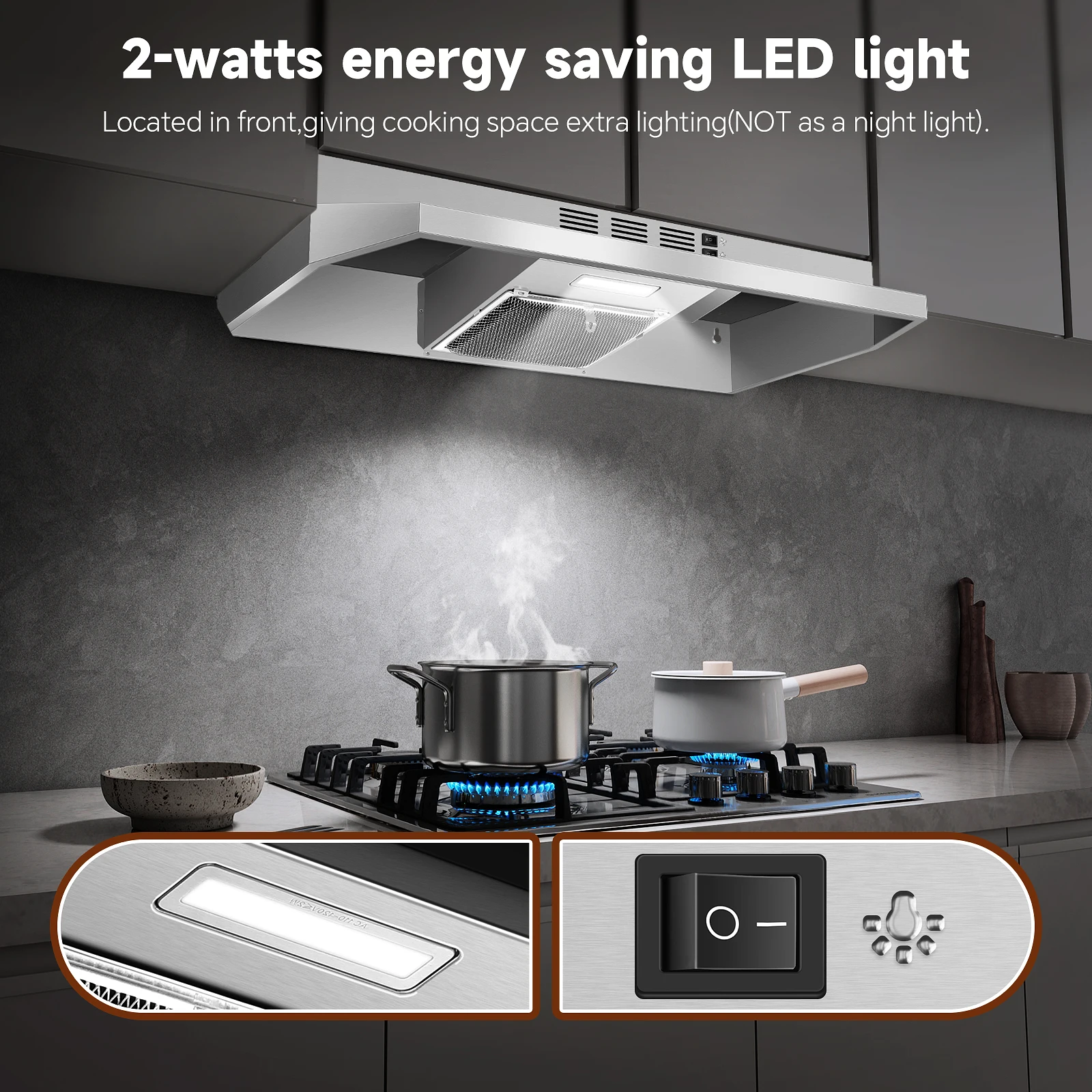 36 Inch Under Cabinet Stainless 2 Speed Fan with LED Bulb Filter Kitchen Exhaust Vent Range Hood