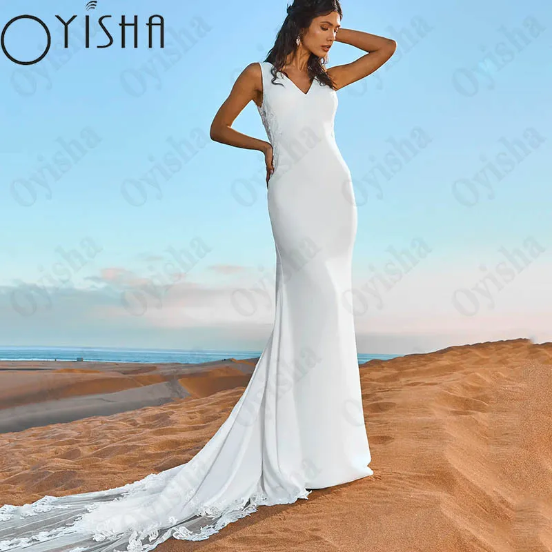 Oyisha Fashion Spaghetti Straps Wedding Dress Open Back Appliques Bridal Gowns V-Neck Satin Mermaid Vestido De Novia Custom Made