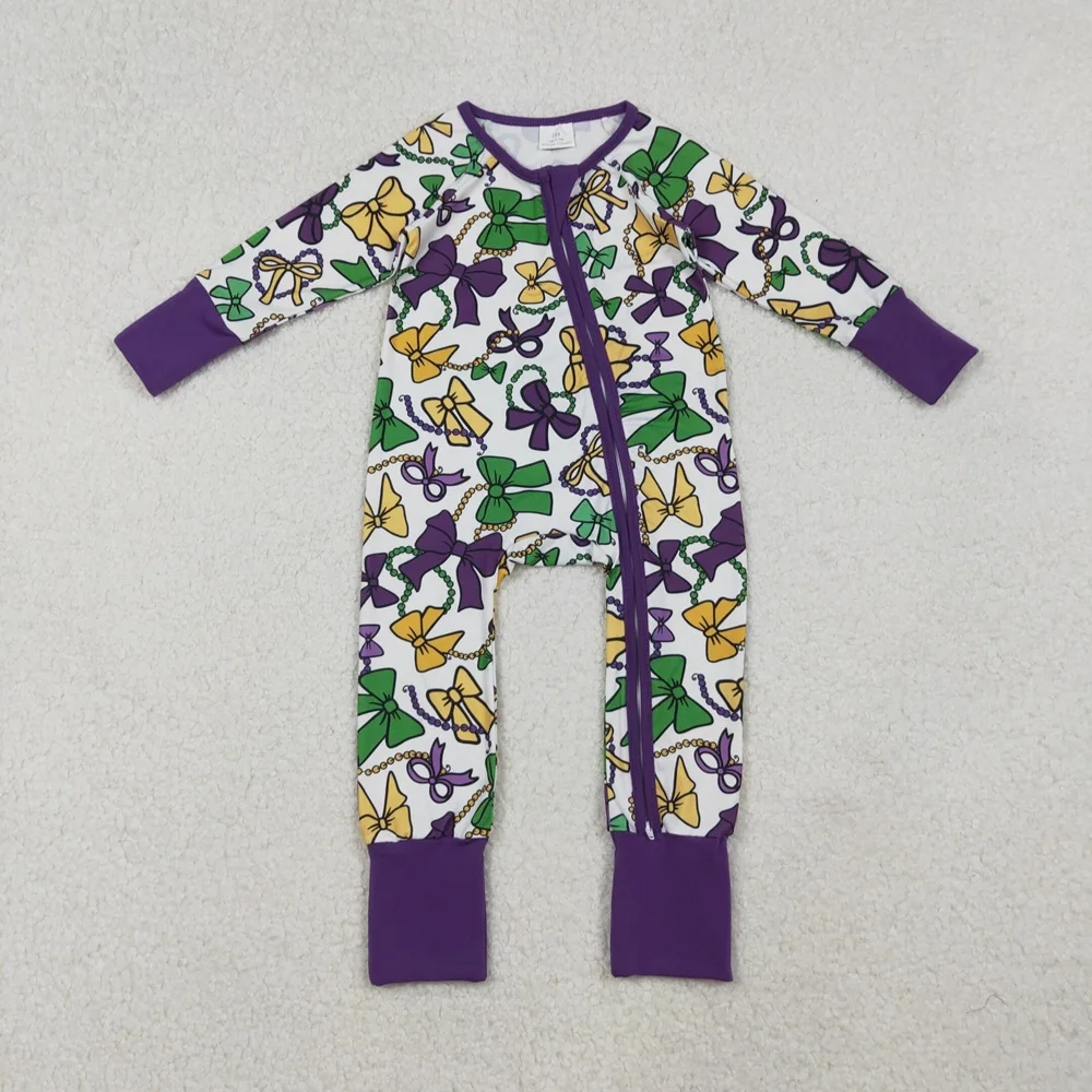 

Wholesale Toddler Newborn Mardi Gras Bows Clothes Infant Kids Girls Coverall Bodysuit Baby Girl Children Purple Zipper Romper