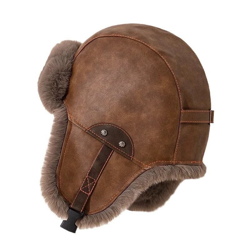 Vintage Lei Feng Hut für Männer Motorrad Pu Leder Hut Verdickte Winter Gehörschutz Hut Winter Warm Radfahren Winddicht Hut – Detail 5