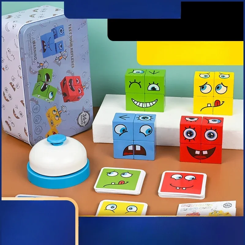 

Children's Wooden Face Changing Board Game Building Blocks with Bell Large Tin Box Puzzle Parent-child Thinking Educational Toys