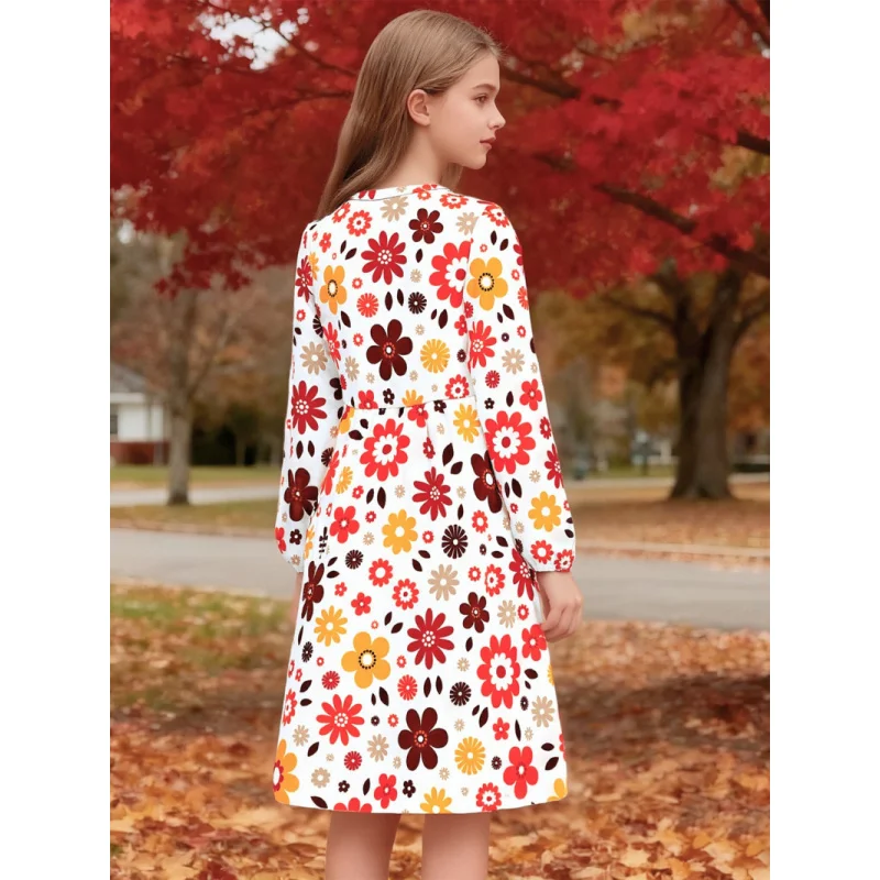 فستان بناتي عتيق بأكمام طويلة مزين بالزهور للخريف فستان بنمط عتيق مطبوع ملون للفتيات