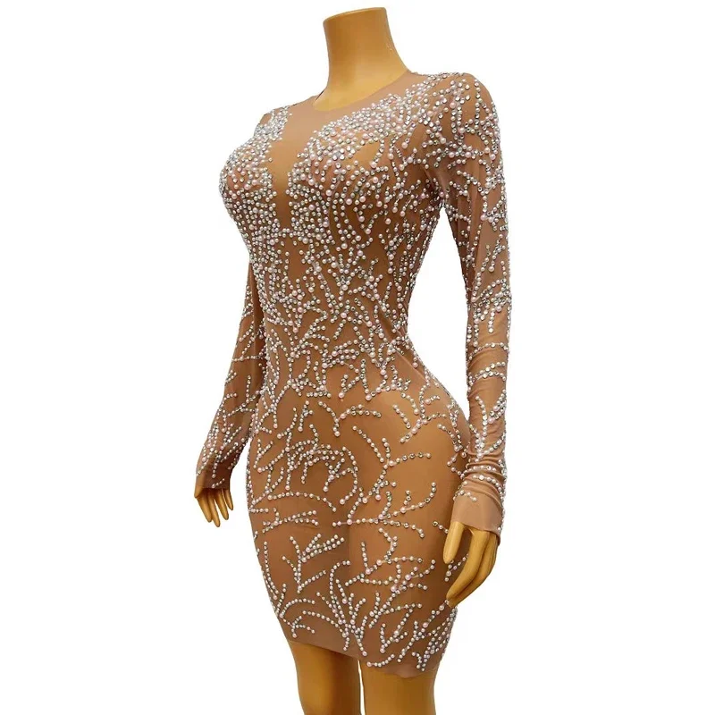 Sexy Perspective Mesh Party Dress Women Pearls Rhinestones Dress Birthday Celebrate Costume Stage Evening Dresses Outfit YY