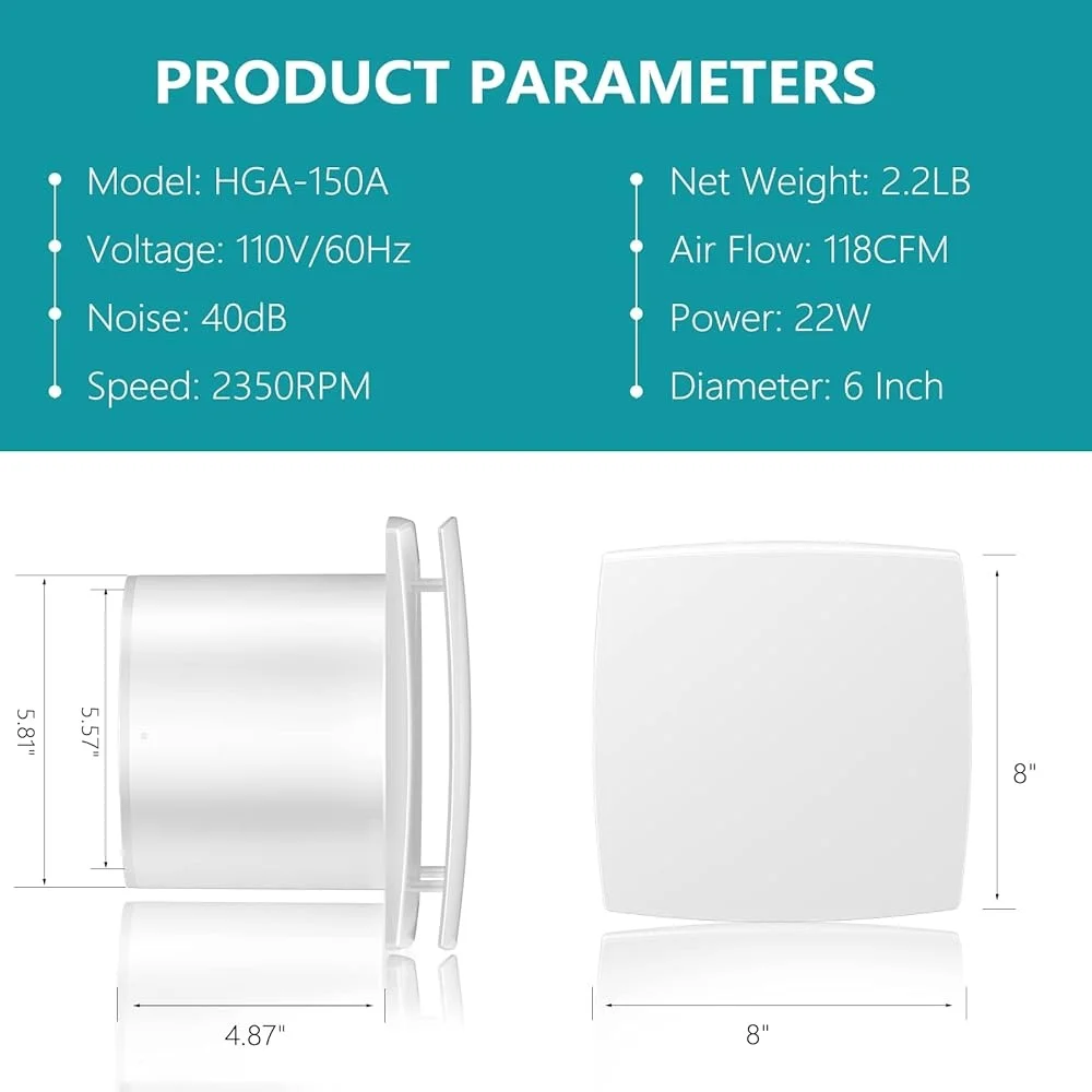 Extractor de aire de 6 pulgadas con amortiguador, montaje en pared de techo para cocina, baño, oficina, 150mm, 201m3/h, silencioso