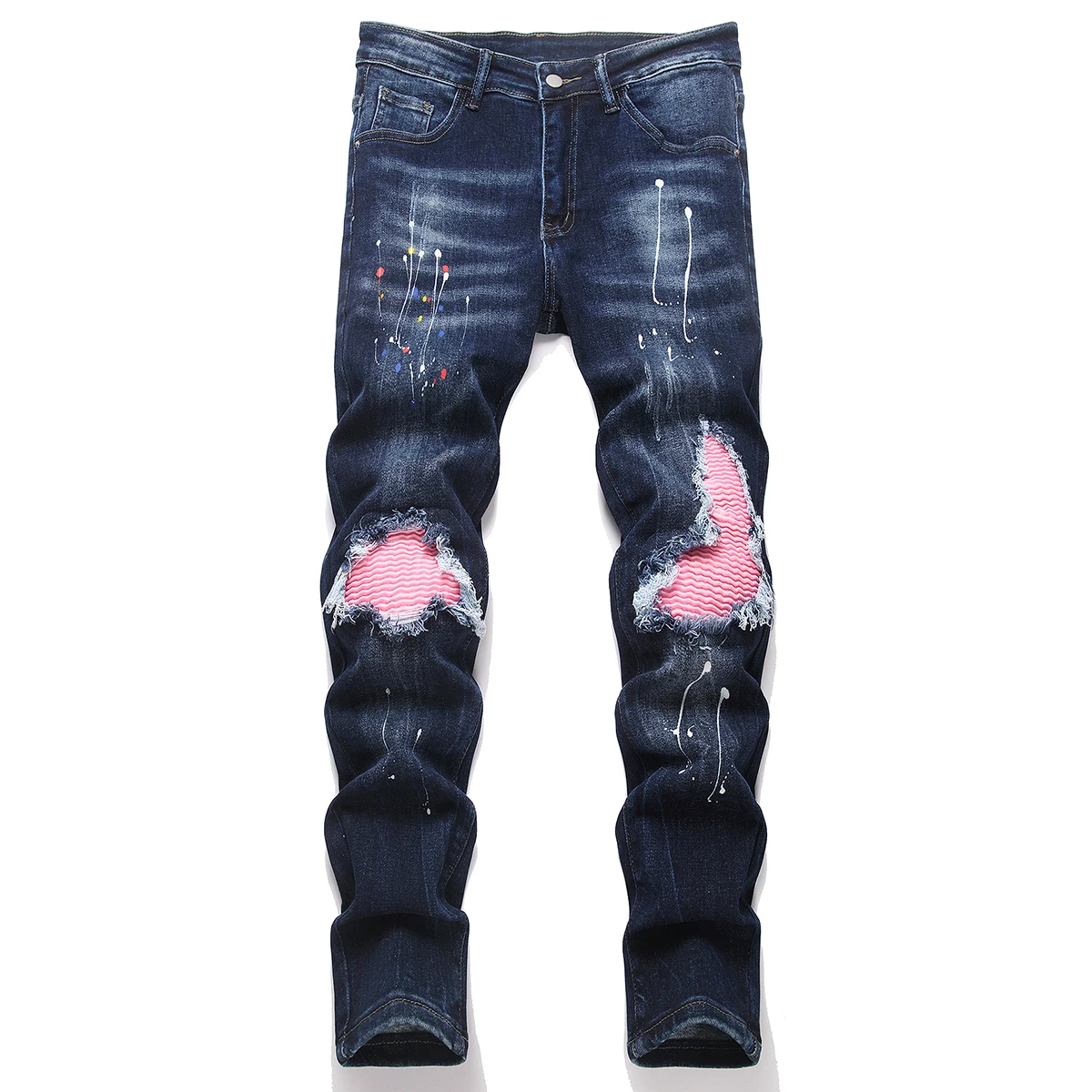Men Skinny High Stretch Ripped Denim Jeans for Man Casual Pants Slim Fit Biker Trousers Hole Patchwork Paint Splatter Male Jeans