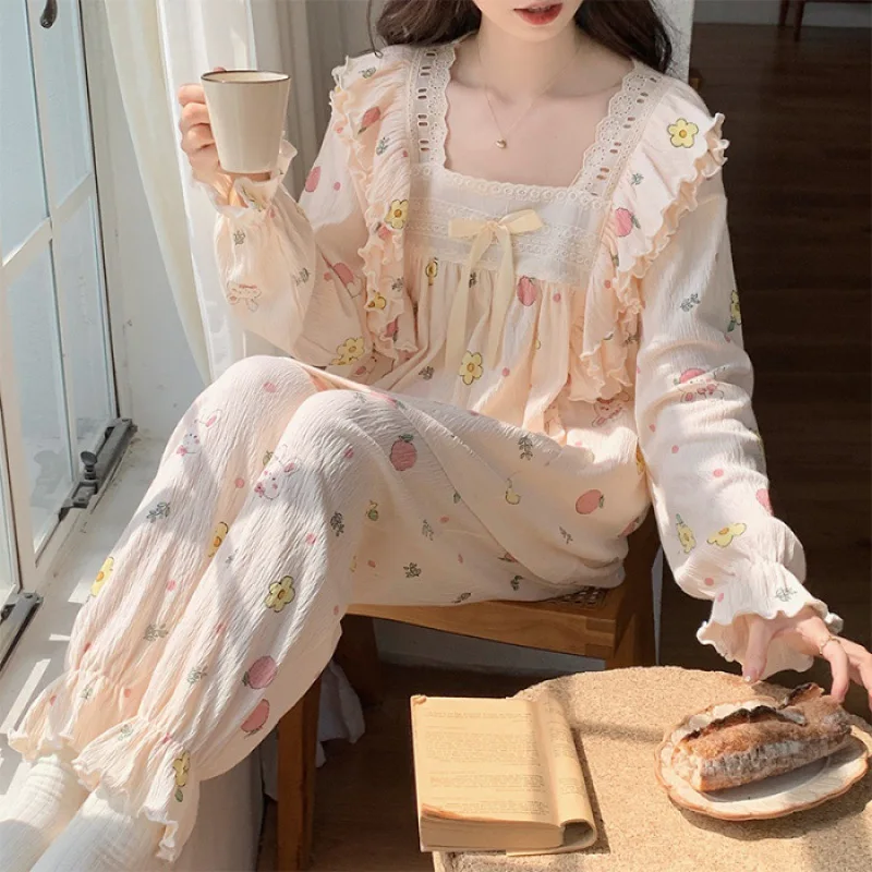 Lace Princess Style Girl Long Sleeve Pajama Woman Sweet Student ins Style Autumn 2024 New Loungewear Set Long Pants