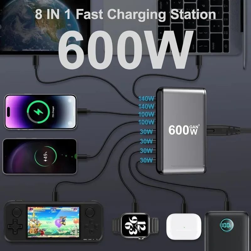 Ładowarka USB C o mocy 600 W, 8-portowa stacja ładująca USB C PD 140 W z szybkim ładowaniem GaN III — zdjęcie produktu 3