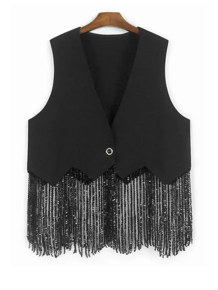 

Женский черный элегантный жилет с кисточками и блестками, большой размер, новый модный жилет без рукавов с v-образным вырезом, весна-осень