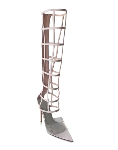 Knee High Nude Leather and Pvc Sandals Pointed Toe Hollow Stiletto Heels Gladiator Sexy Women Summer Back Zip Clear Shoes