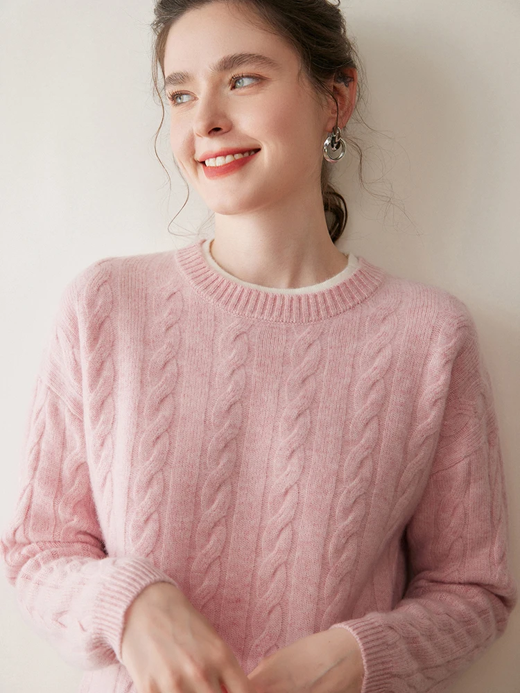 New Women 100% Cashmere Sweater Cable Knitting O-neck Pullover Cashmere Knitted Autumn Winter High Quality Basic Long Sleeve Top