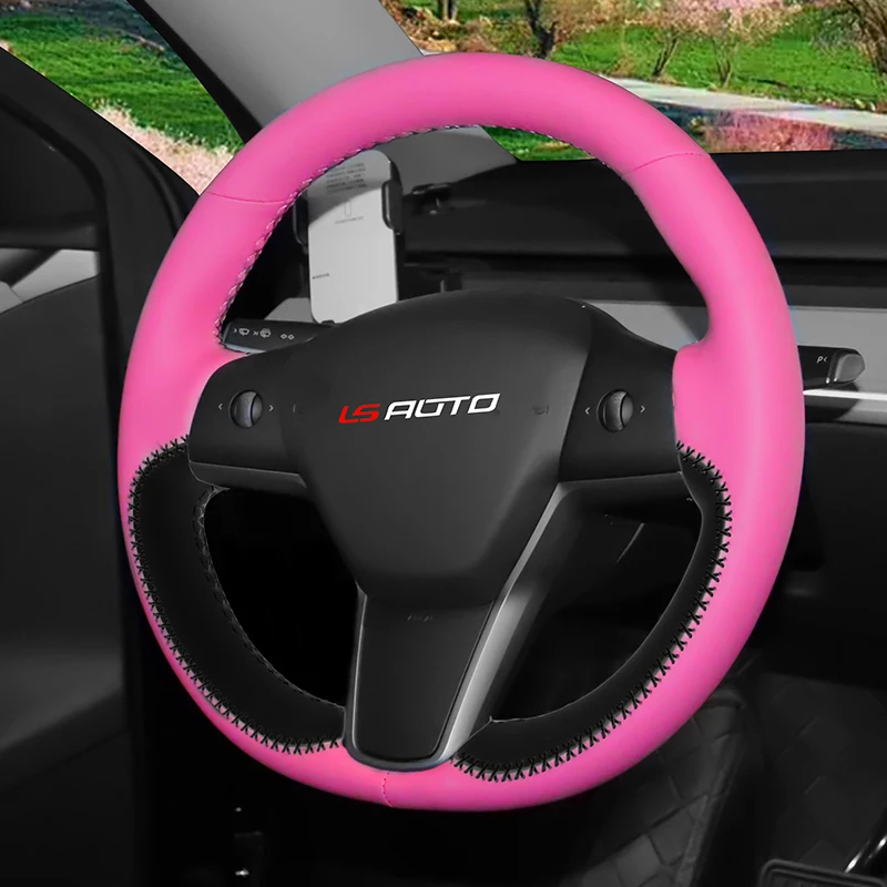 Microfiber Leather Hand Stitched Hot Pink Steering Wheel Cover for Tesla Model 3 S  X Model Y Steering Wheel Cover