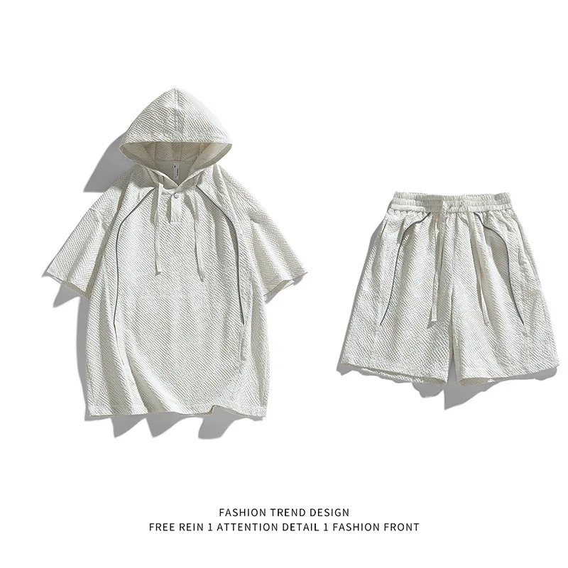 

Men's Japanese Hooded T Shirt Shorts Set Summer Casual Sports Two Piece Suit Lightweight Breathable Outfit for Men Summer New