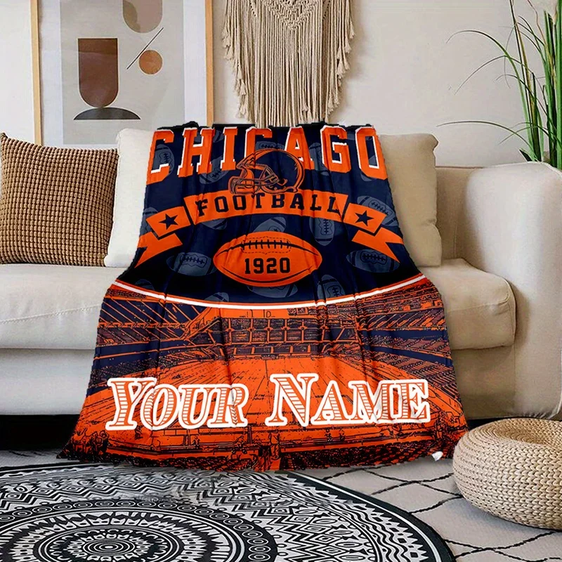 Customized Chicago Football Theme Flannel Blanket - Personalized Name, 3D Digital Printing, Soft Polyester, All-Season Warmth