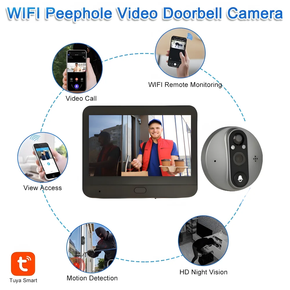 Tuya Smart 4.3 Inch WiFi Video Peephole Doorbell Camera Digital Magic Eye Wireless Door Viewer FHD 1080P Outdoor Alexa Door Bell