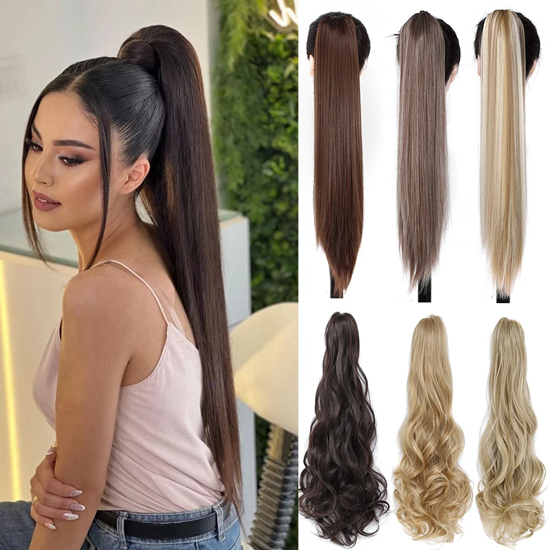 

24'' Natural Straight Hair Ponytail for Women Hairpiece Synthetic Straight Claw Pony Tail Extension Long Wave Clip in Horse Tail